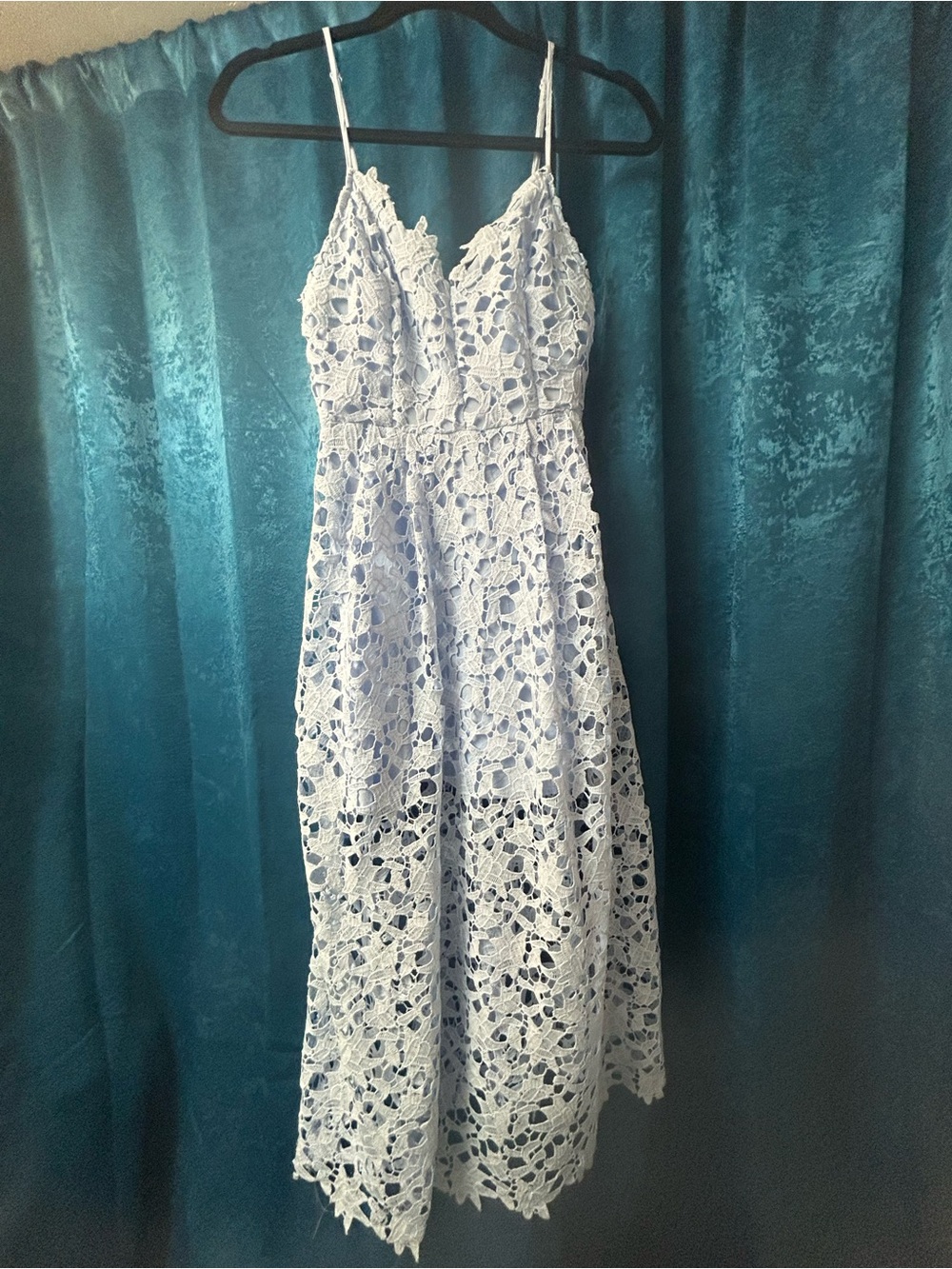 Astr Light Blue Lace Asymmetrical Midi Dress